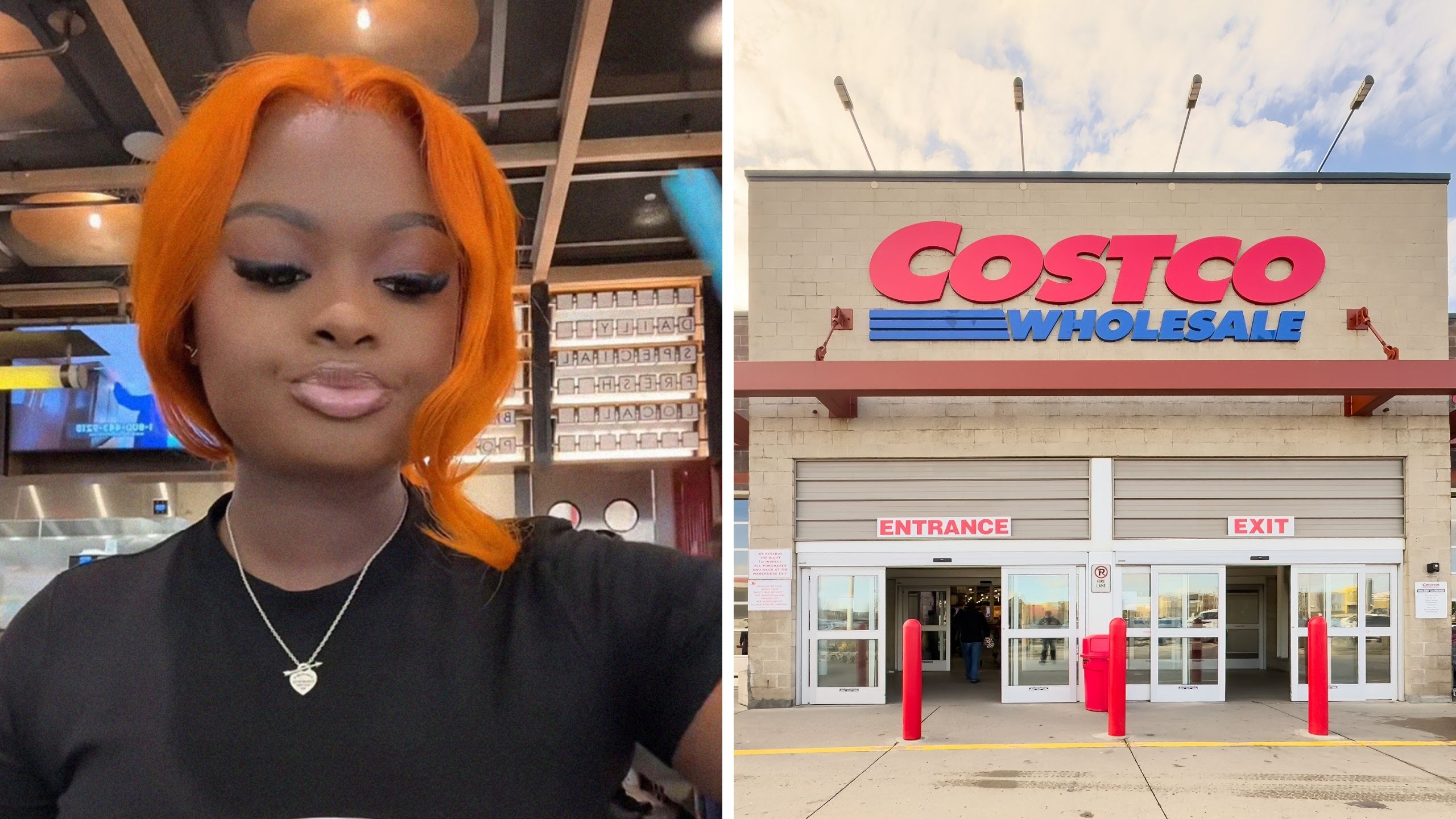 woman shares her costco experience (l) costco logo (r)