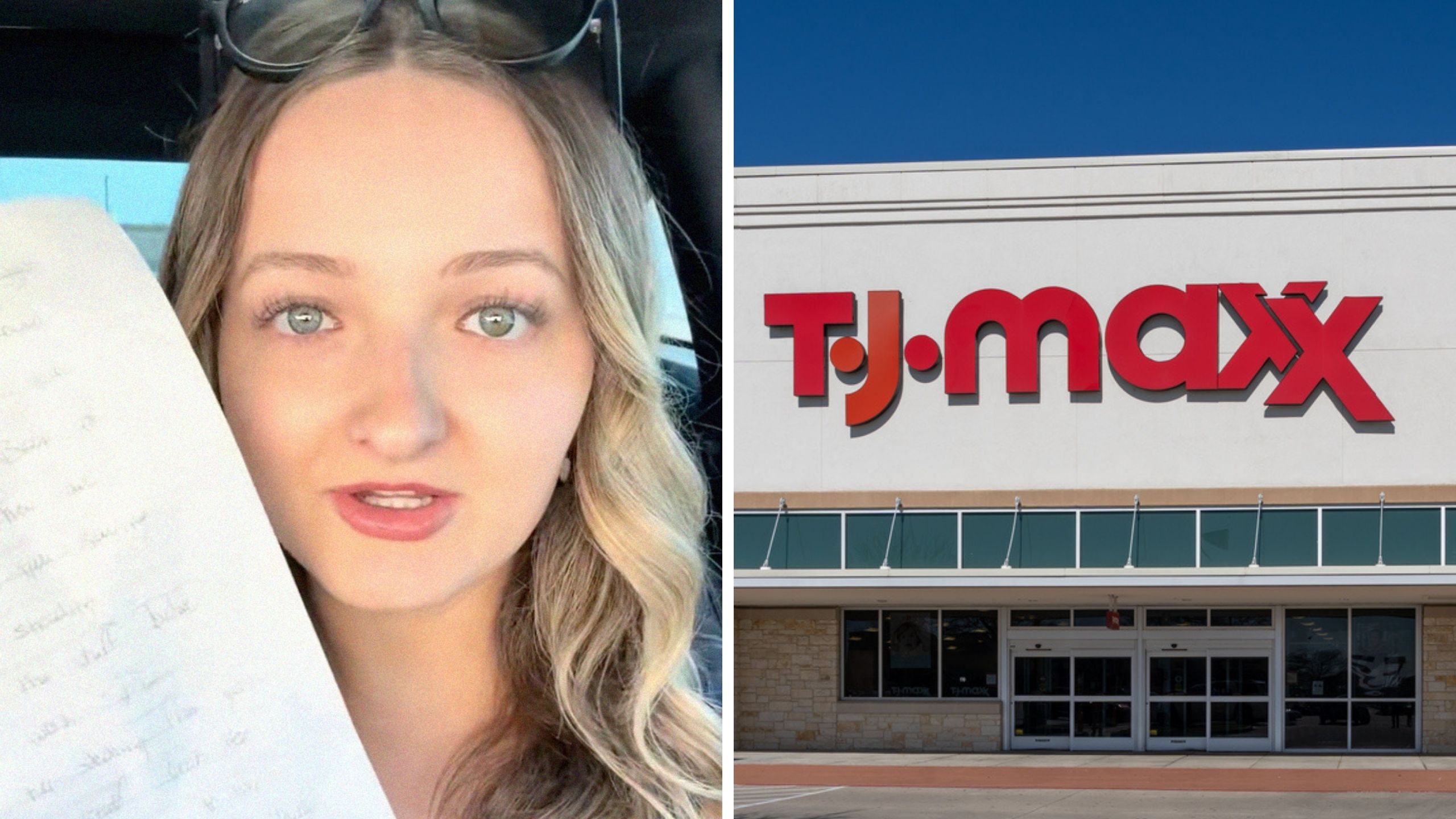 woman holding up a note (l) Tj maxx store front (r)
