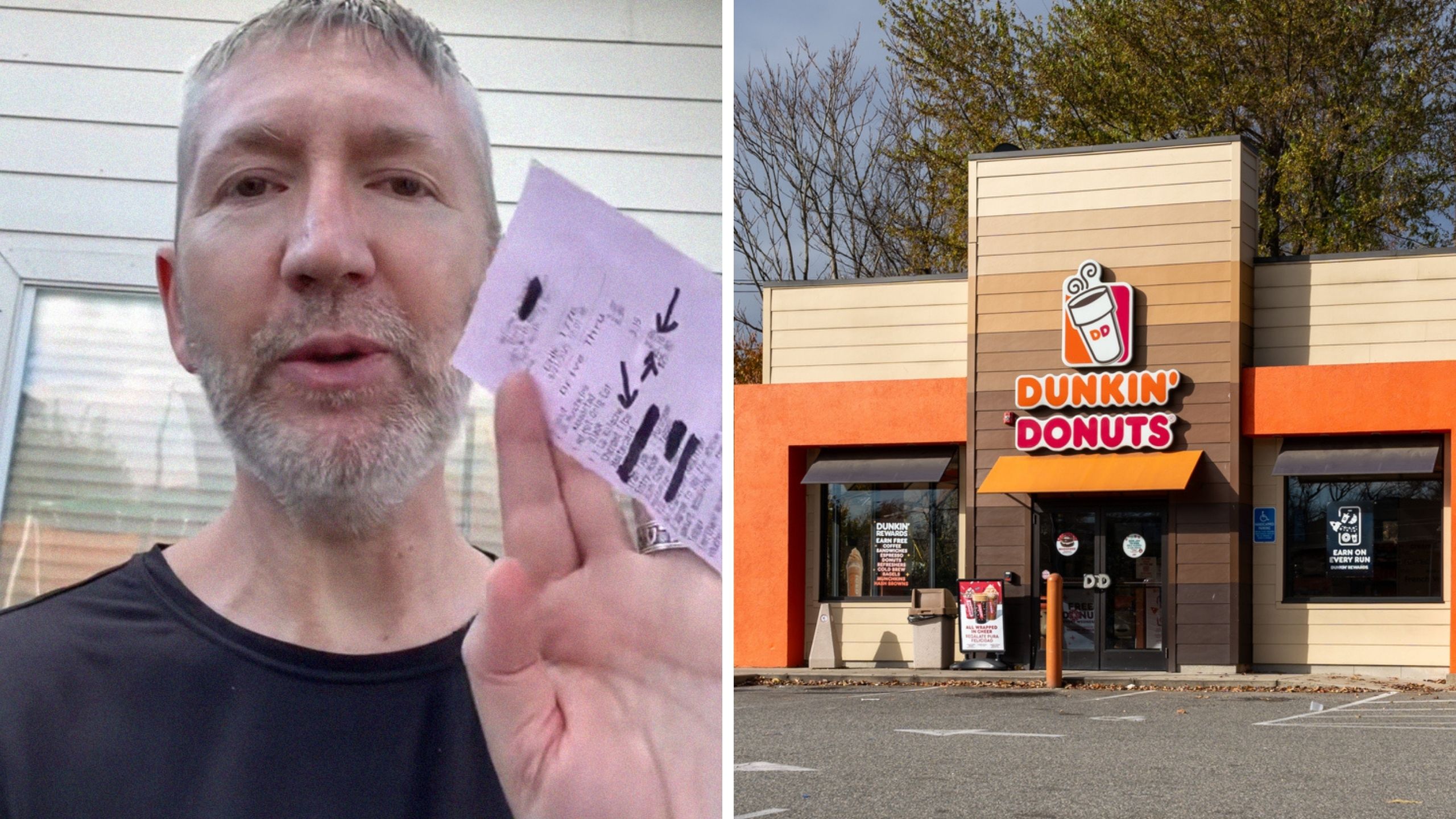 man shares dunkin experience (l) Dunkin drive thru (r)