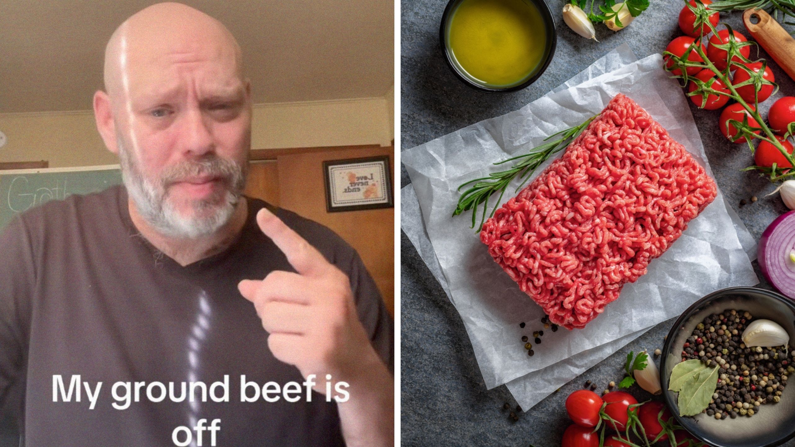 man sharing his beef experience (l) ground beef and spices (r)