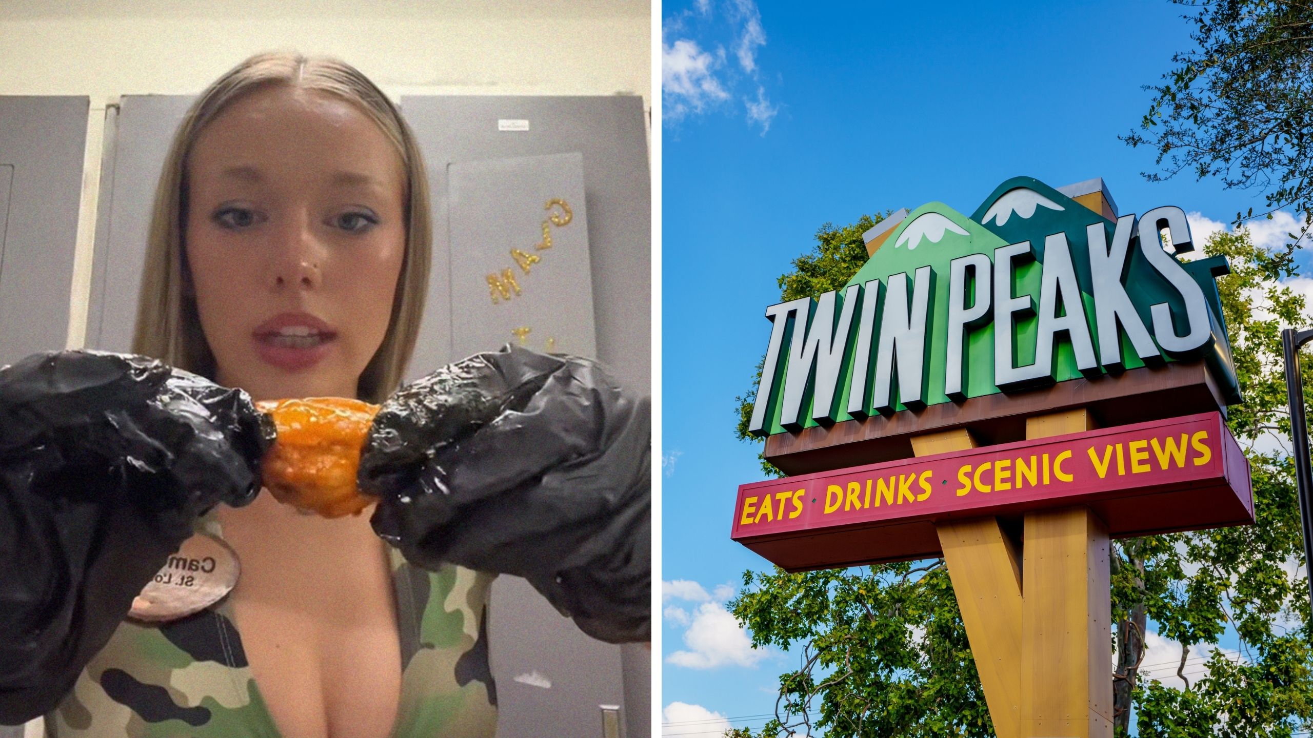 woman holding chicken wing (l) twin peaks logo (r))