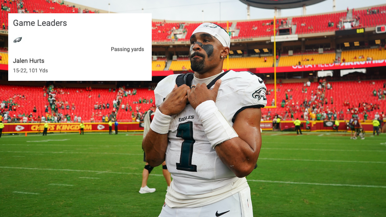 Sep 14, 2025; Kansas City, Missouri, USA; Philadelphia Eagles quarterback Jalen Hurts (1) looks on after the game against the Kansas City Chiefs at GEHA Field at Arrowhead Stadium. Mandatory Credit: Denny Medley-Imagn Images