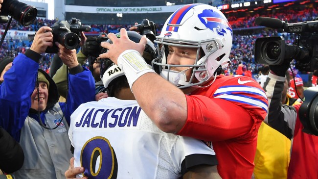 quarterbacks Josh Allen and Lamar Jackson hugging