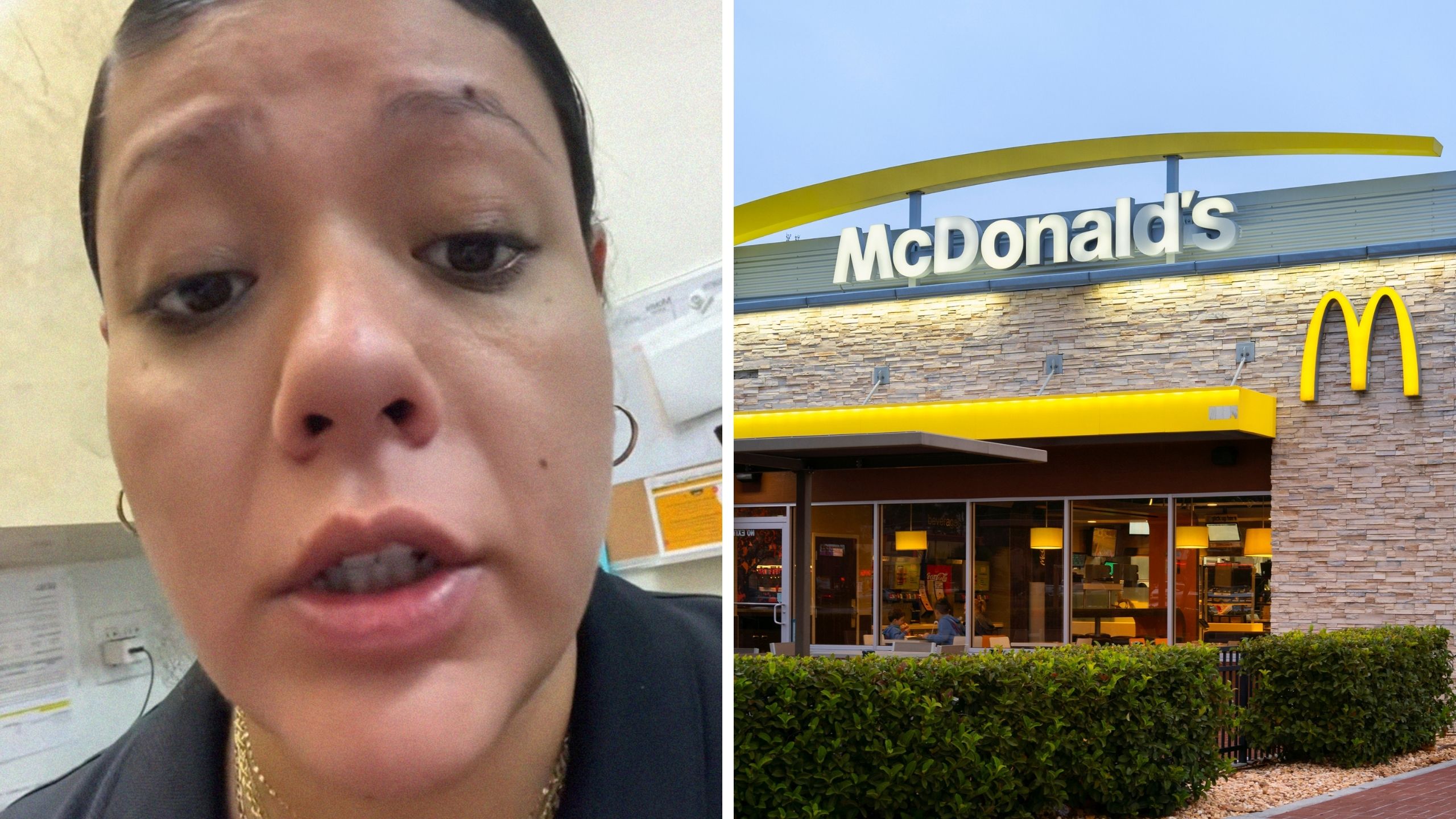 woman warns McDonalds customers (l) Mcdonalds logo (r)