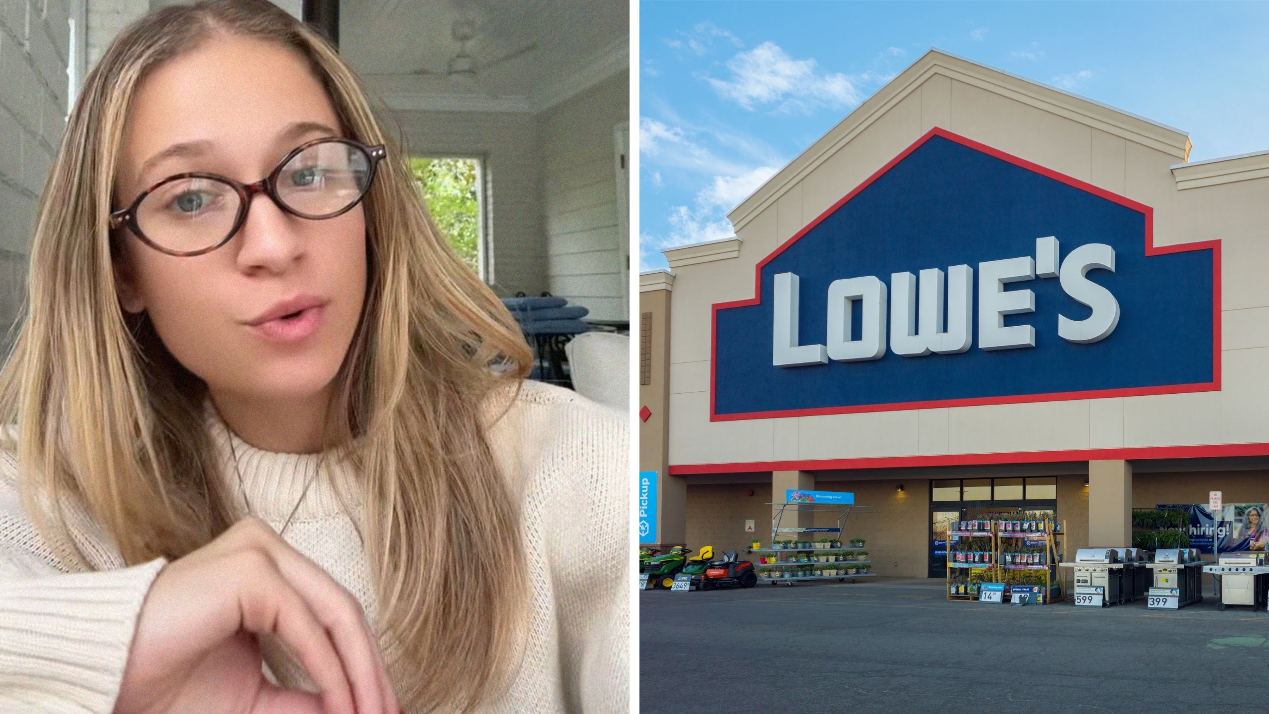 woman shares relationship issues (l) lowe's logo (r)