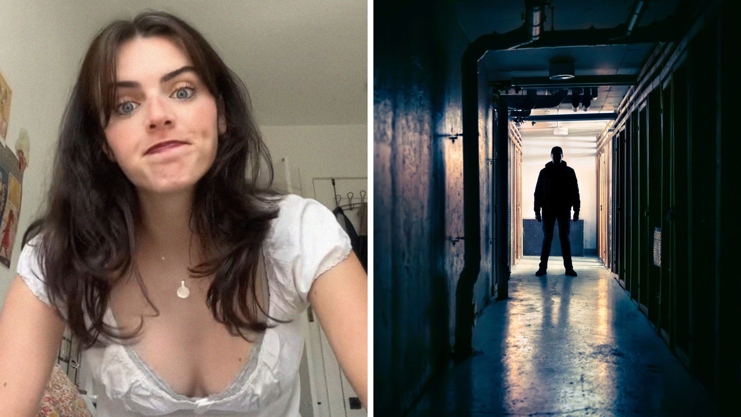 woman shares about her bad dreams (l) man figure (r)