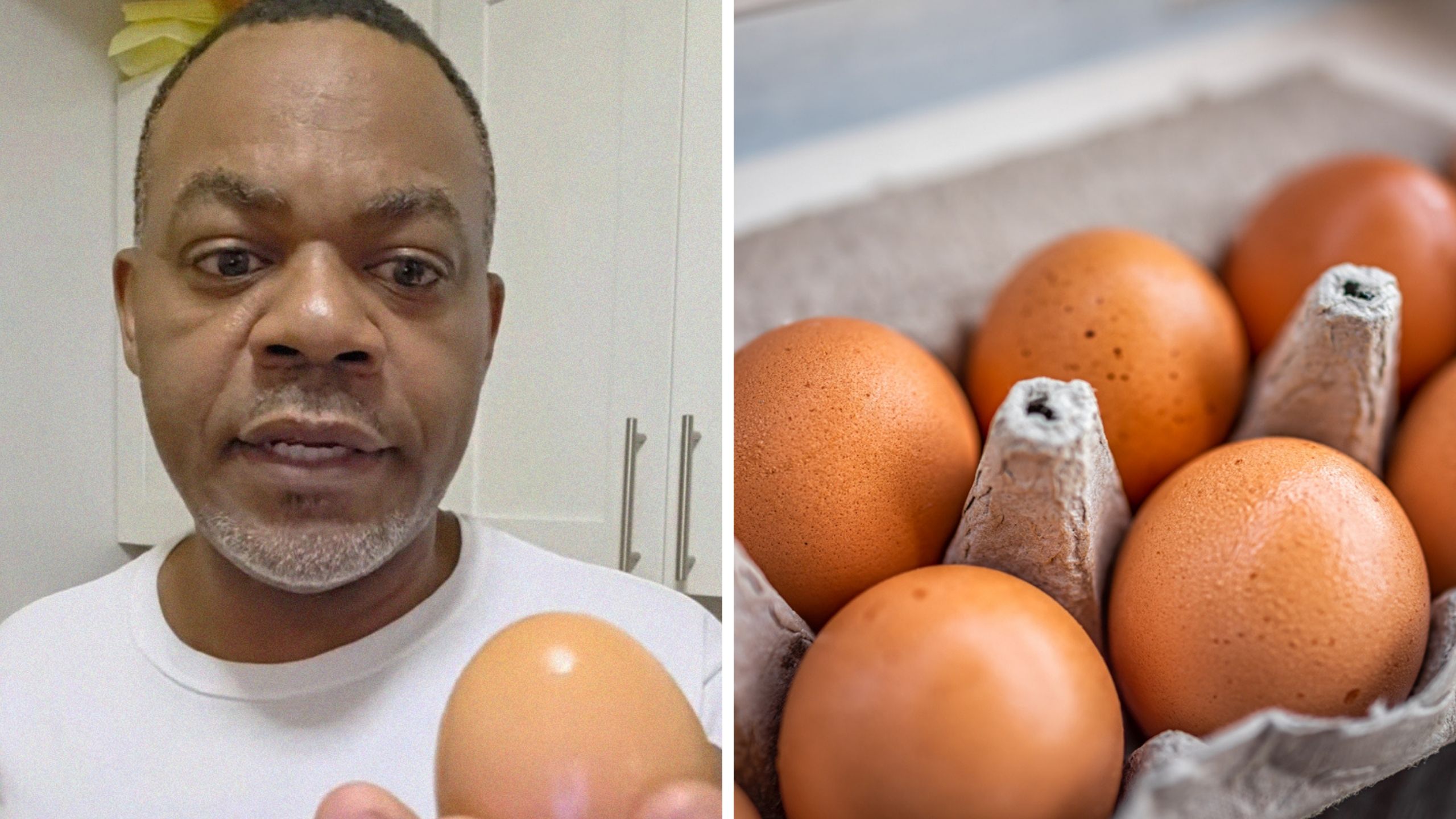 man holding up an egg (l) tray of eggs (r)