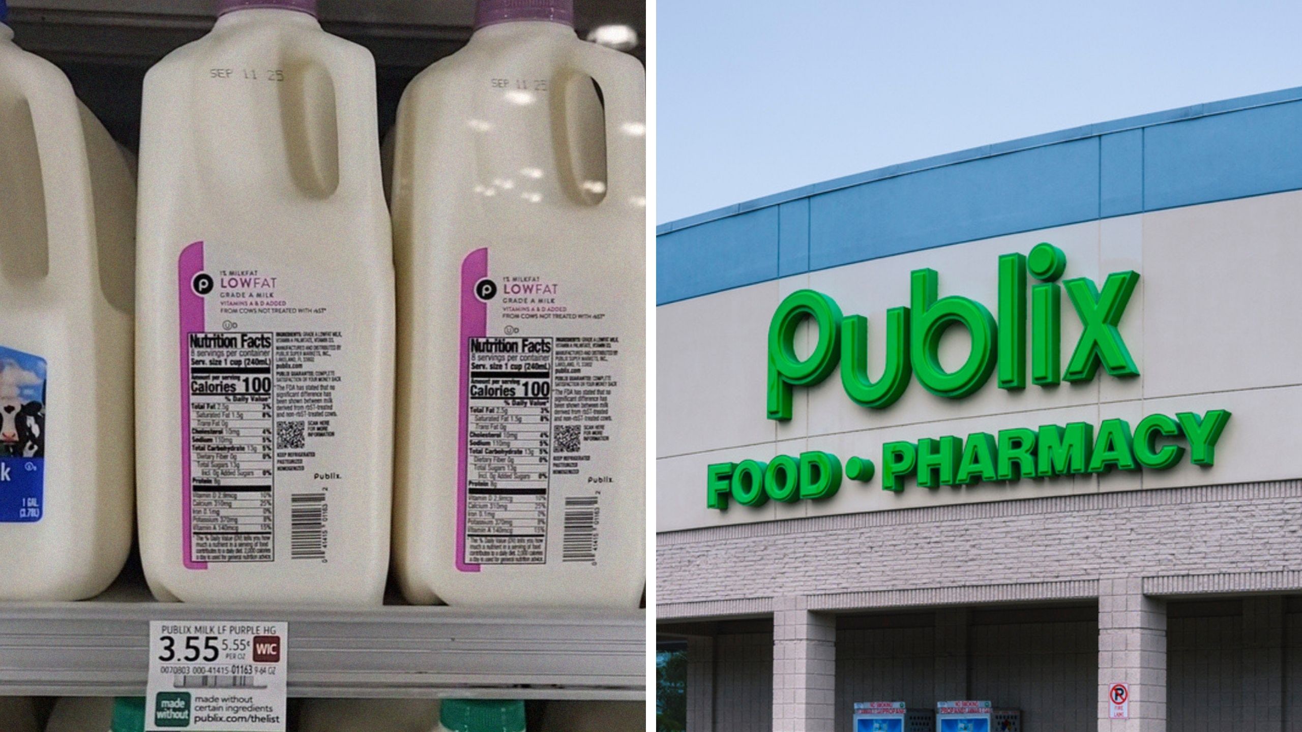 milk with price tag (l) publix logo (r)
