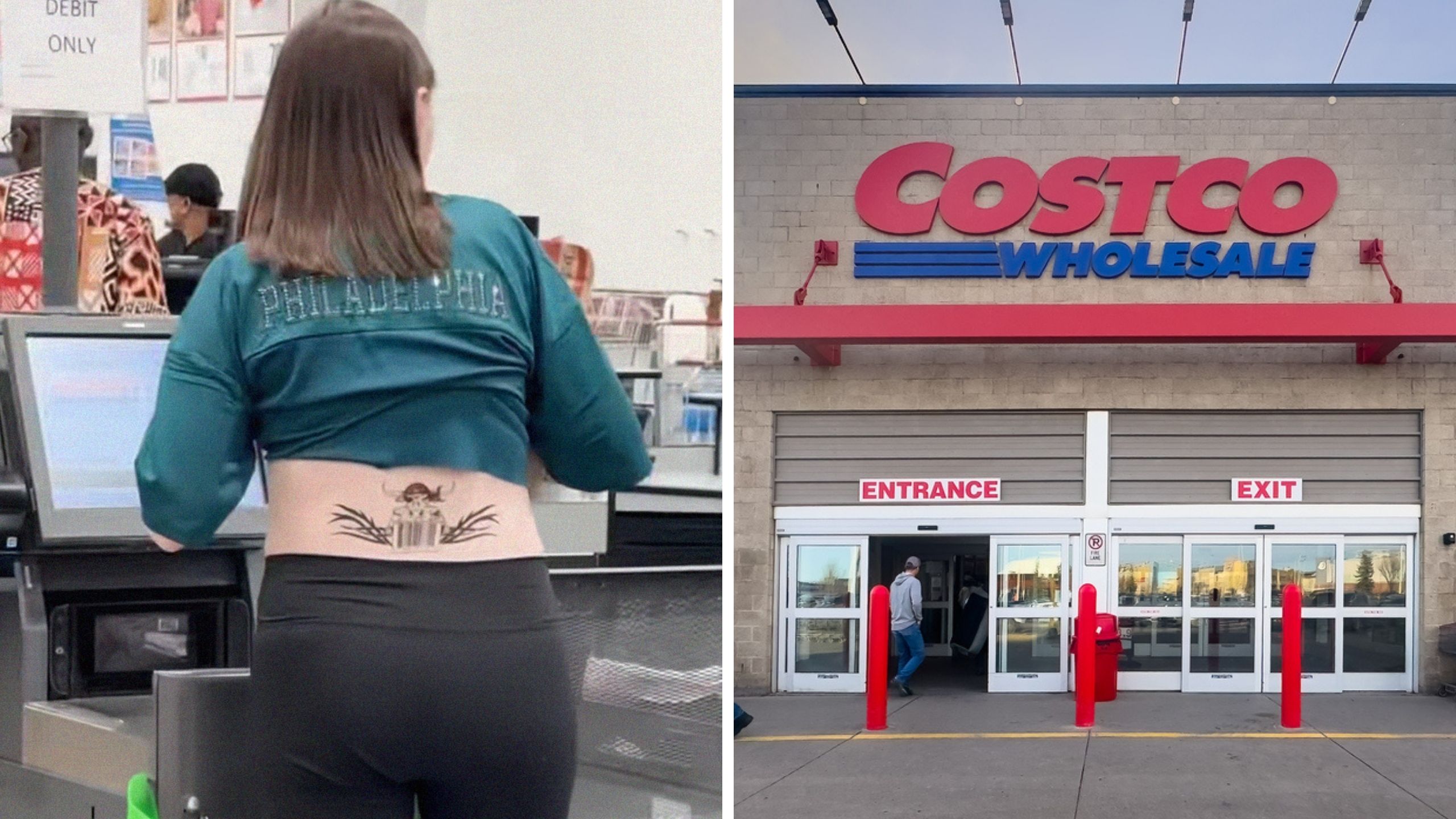woman with tattoo (l) costco logo (r)