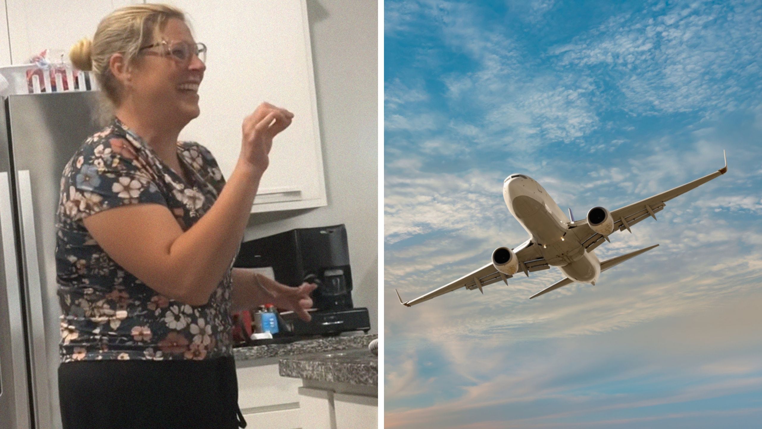 woman stress laughing (l) plane in the sky (r)
