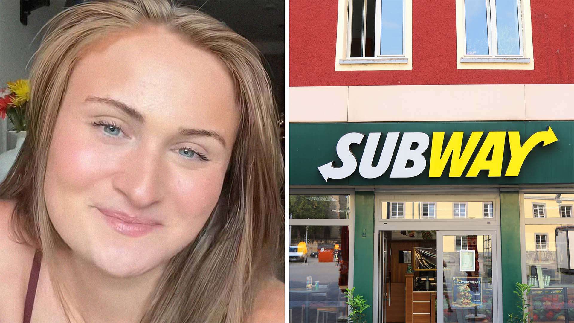 Woman smiling(l) Subway store front(r)