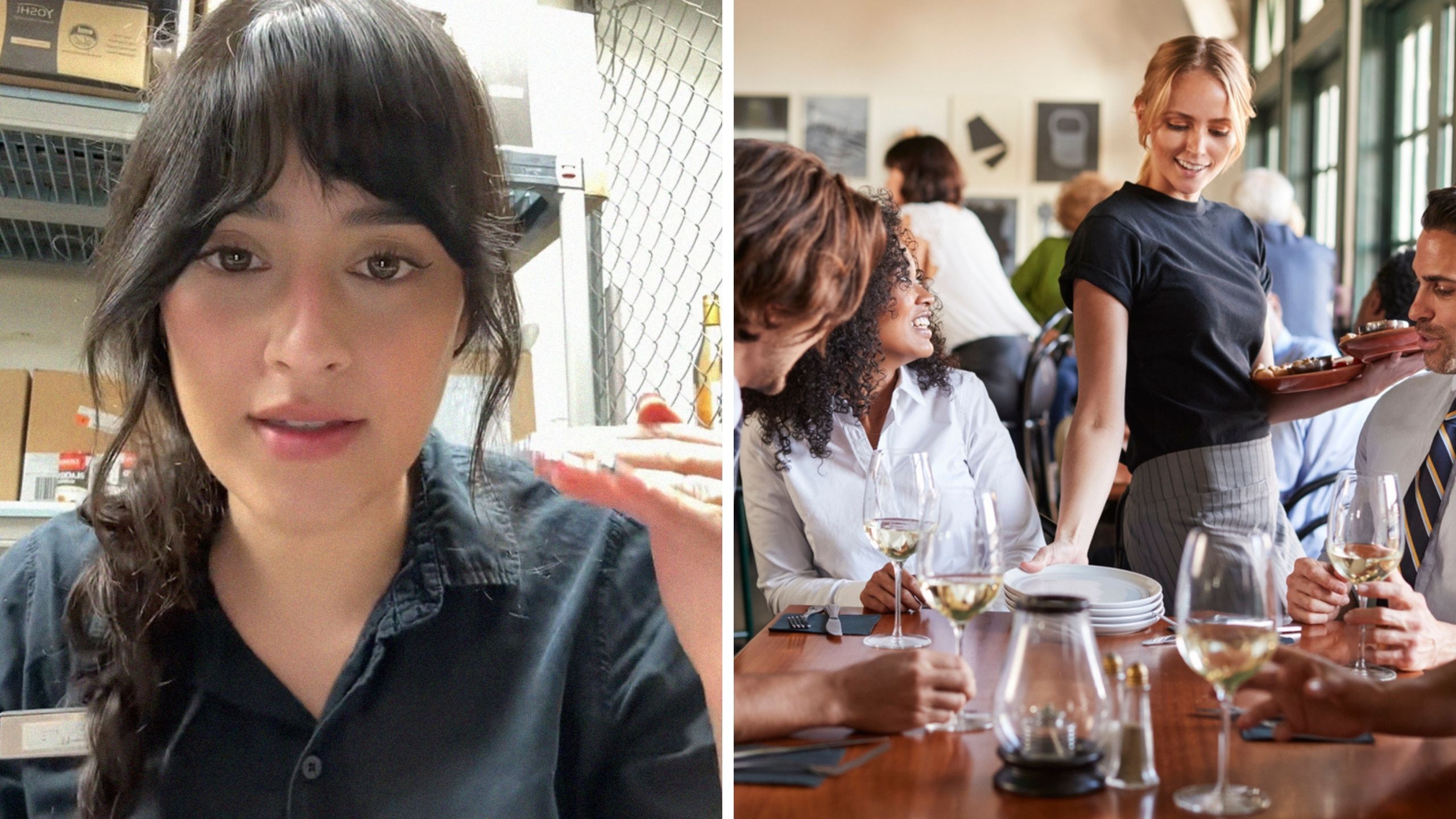 woman shares waitress experience (l) crowd eating out (r)
