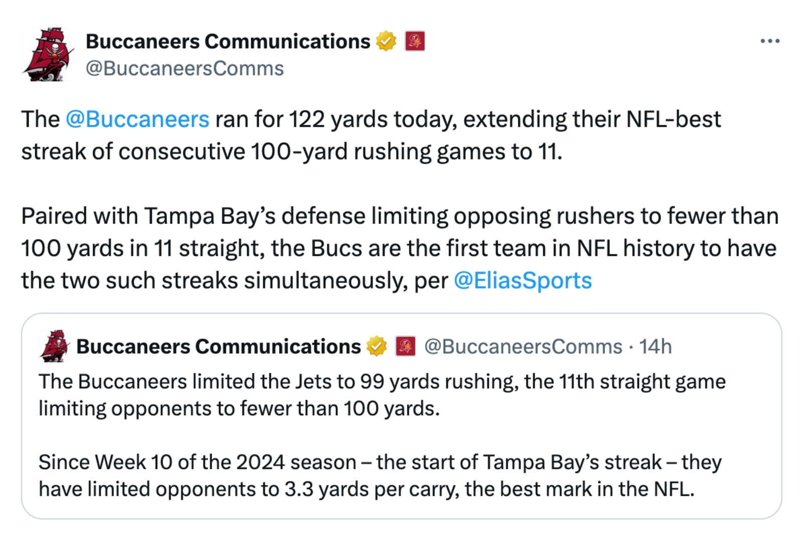 Tampa Bay Buccaneers simultaneous rushing streaks record