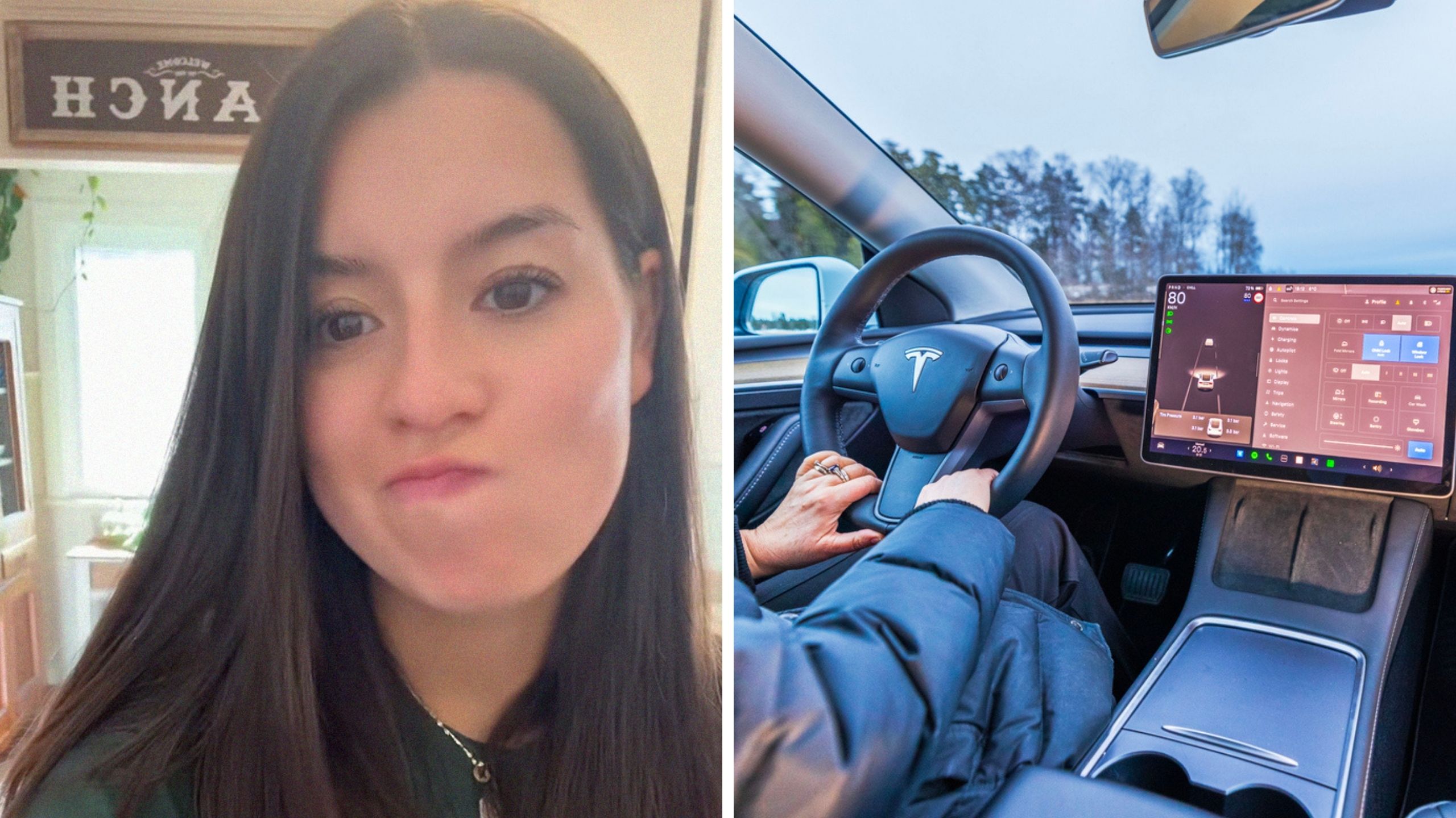 woman shares car accident (l) tesla on reverse (r)