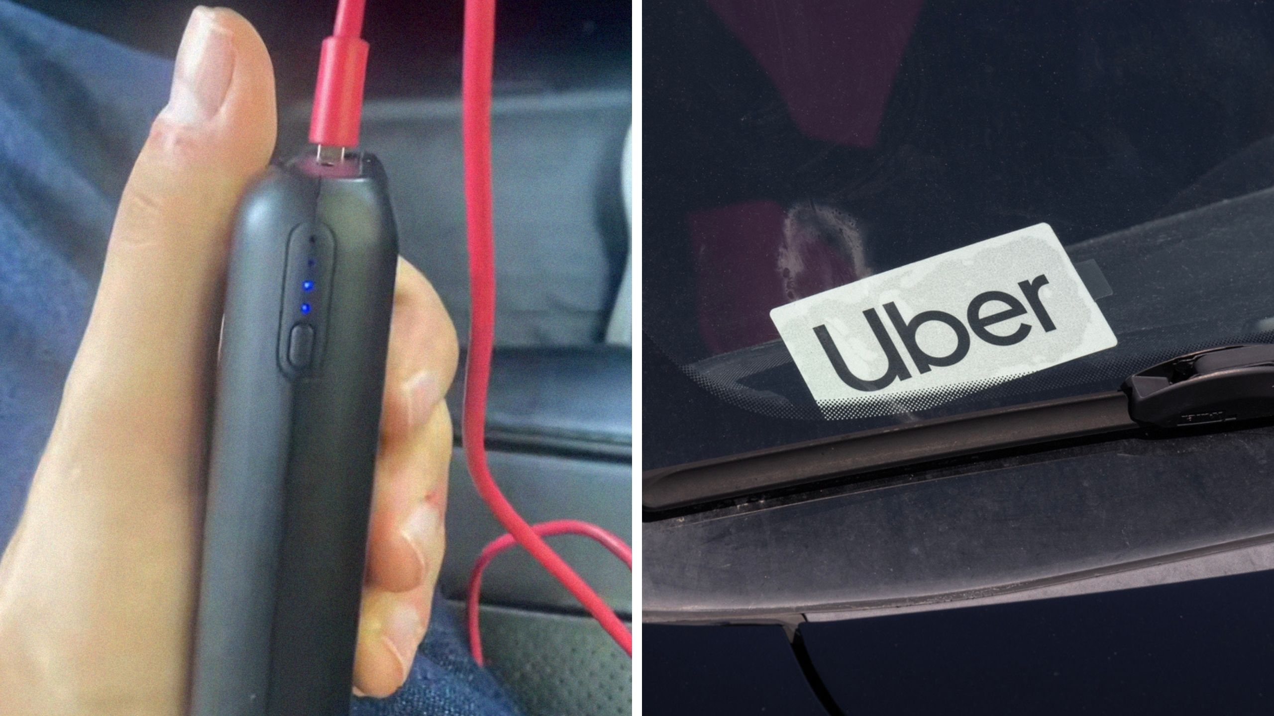 man holding a power bank (l) uber logo (r)
