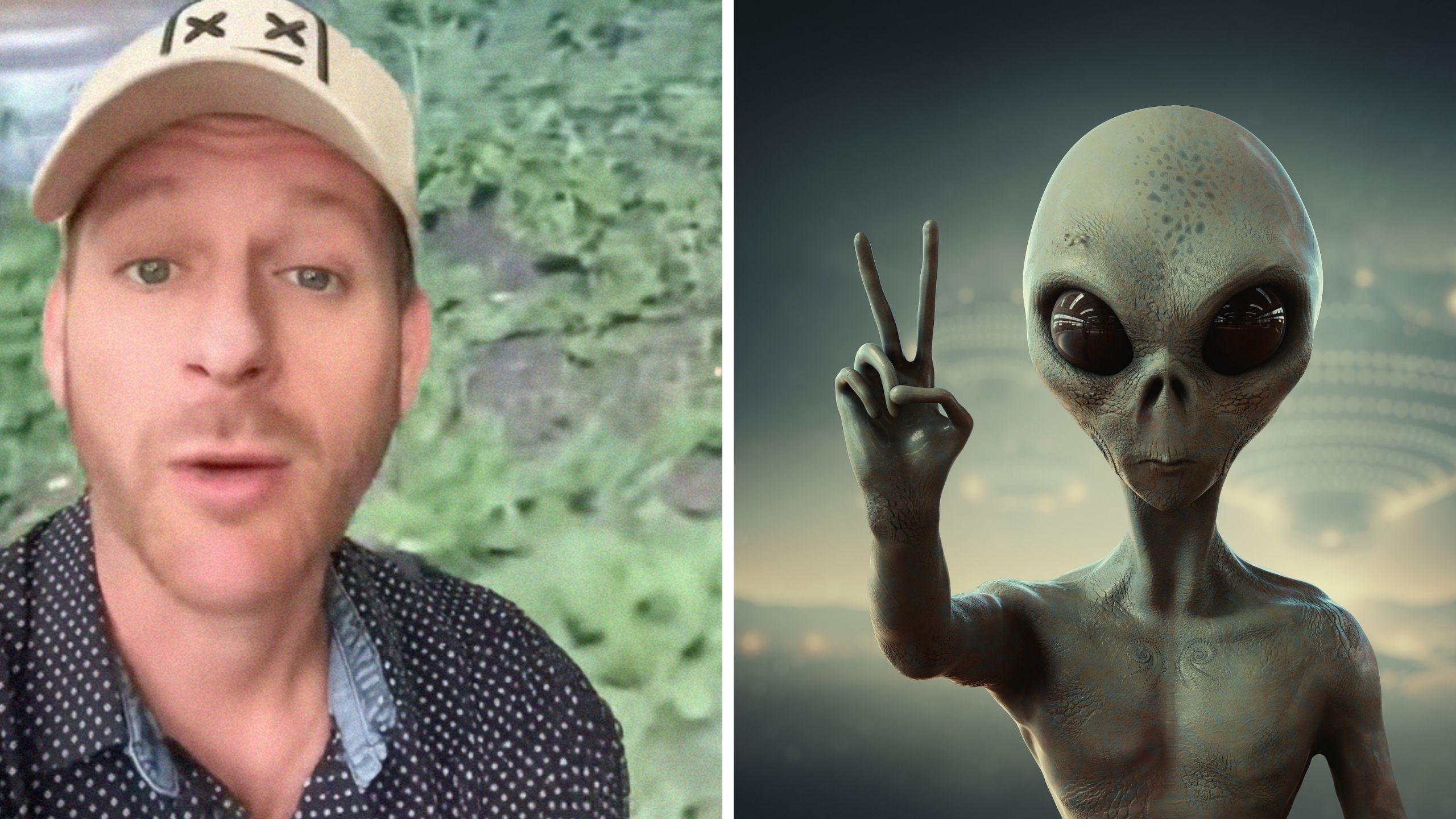 man shares opinion on weird sightings (l) alien (r)