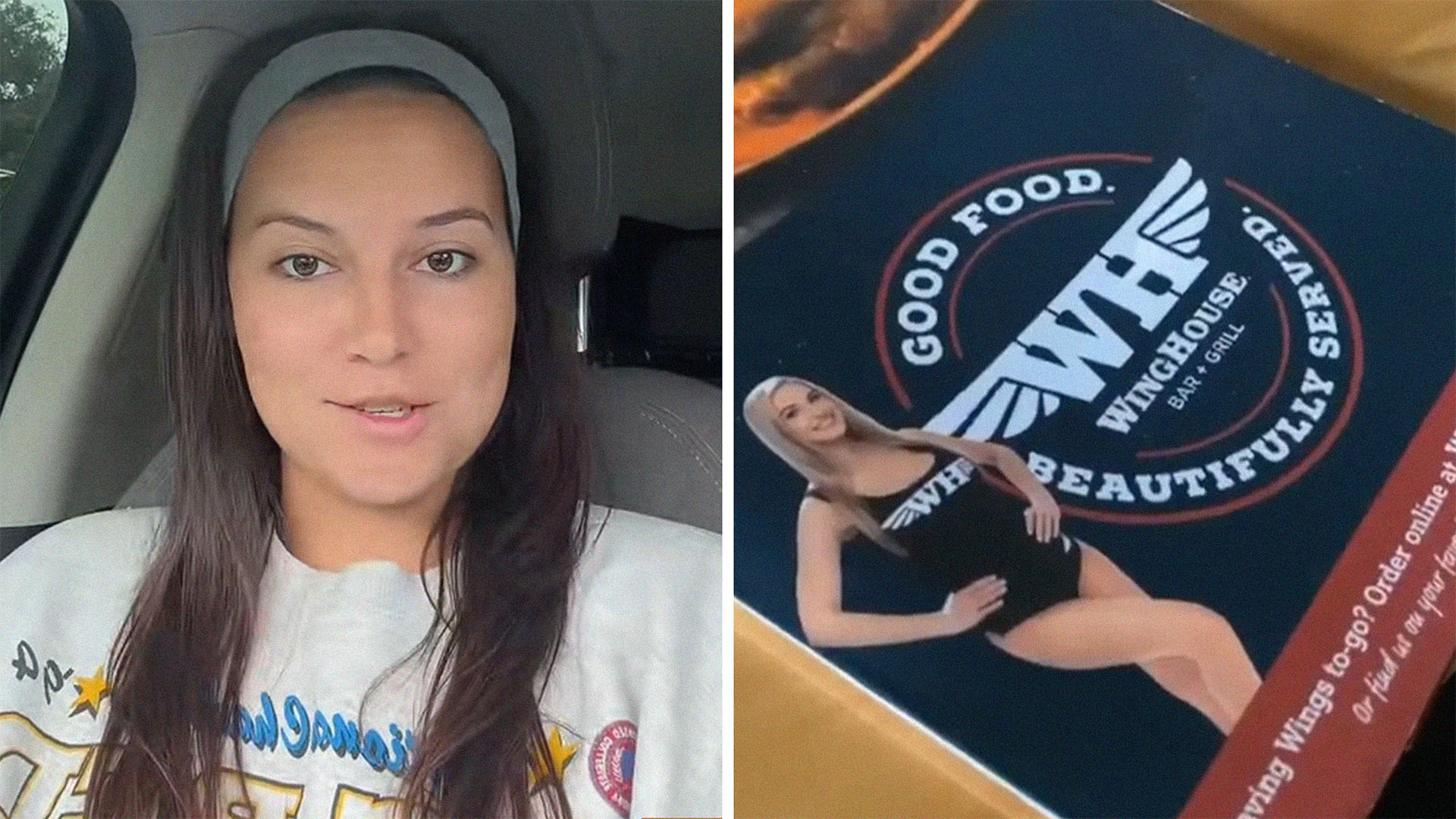 Woman sitting inside her car(l) Winghouse menu cover(r)