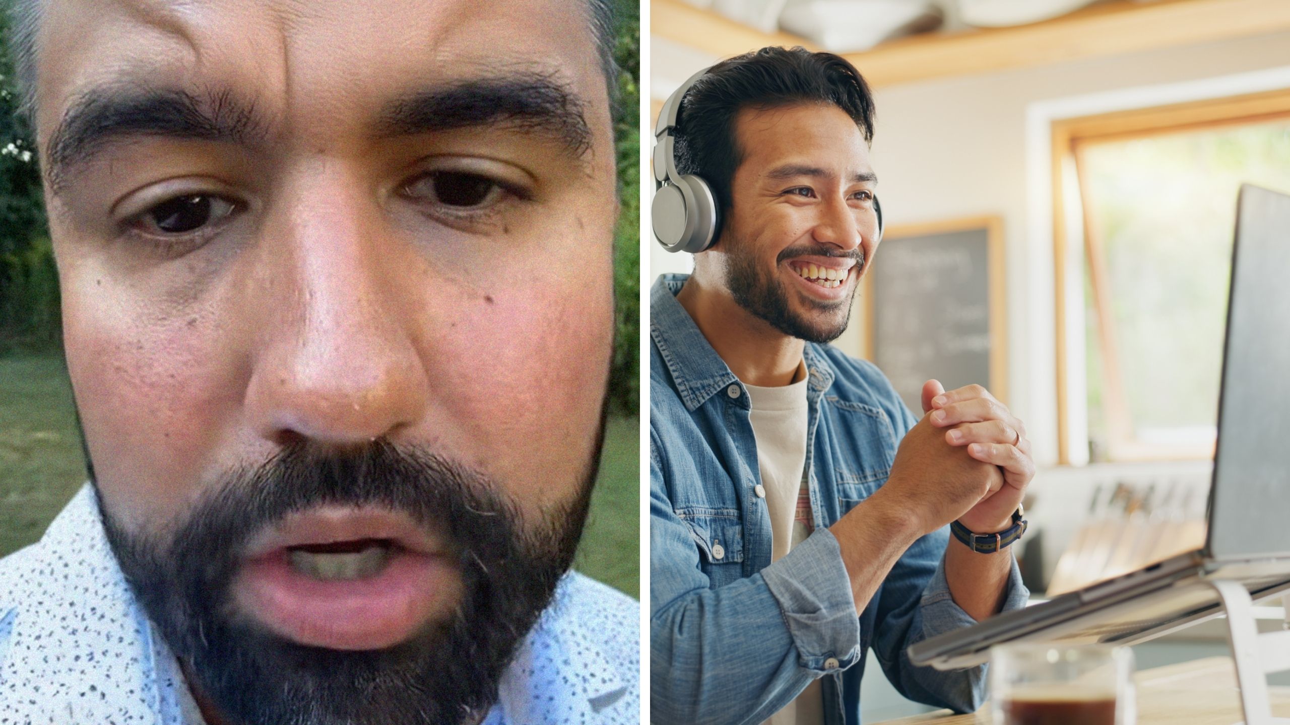 man speaking about warning about jobs (l) man working from home (r)