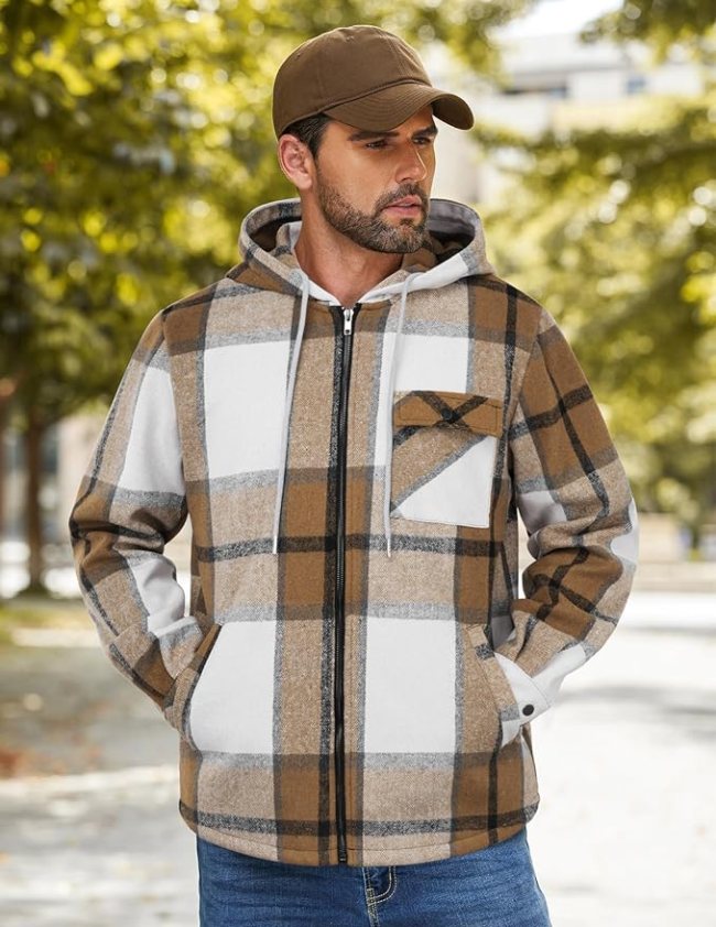 COOFANDY Flannel Fleece Zip Up Hooded Jacket