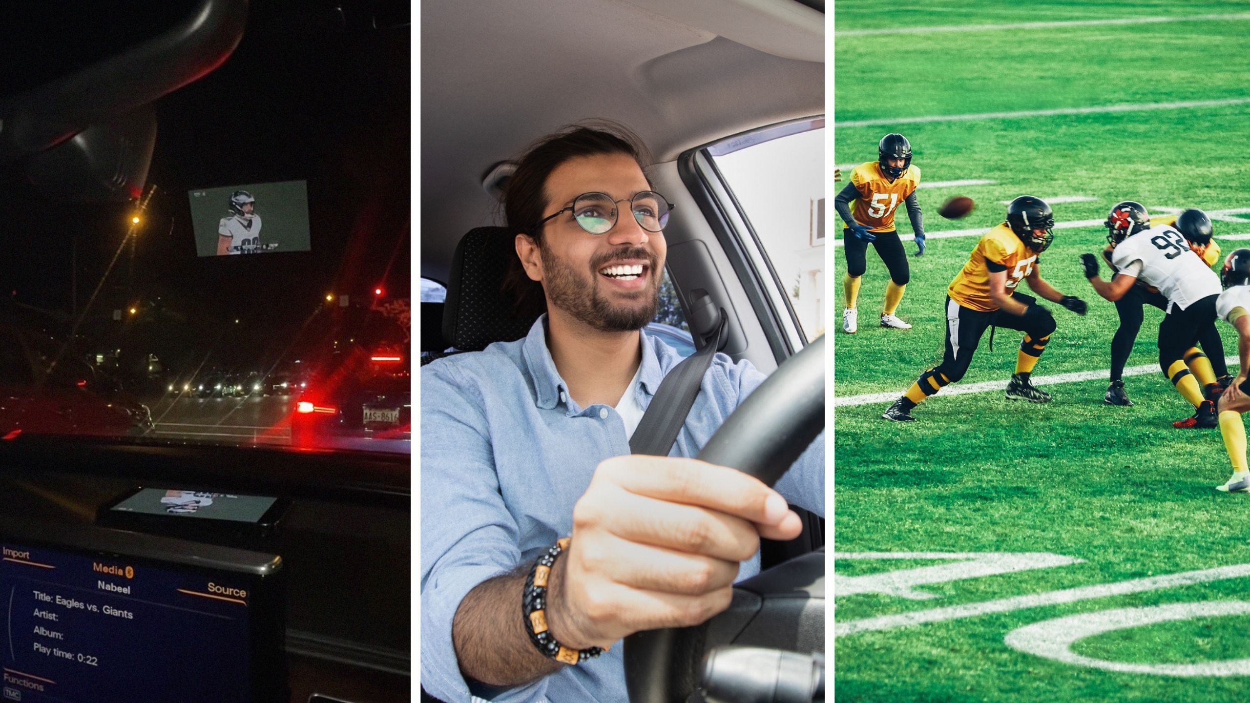 car on the road (l) football game (r)