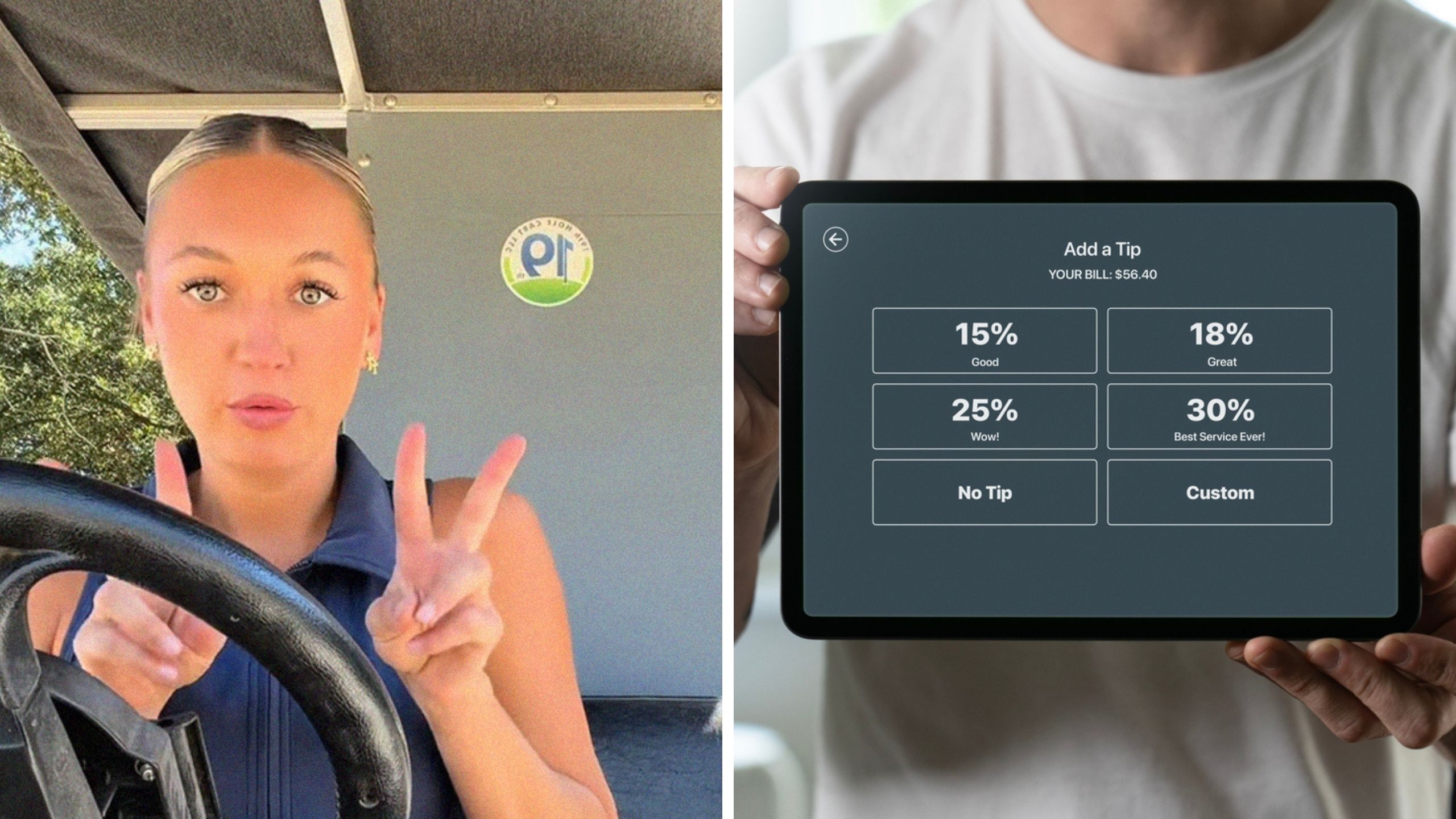 woman shows how she gets tips (l) tipping percentages (r)