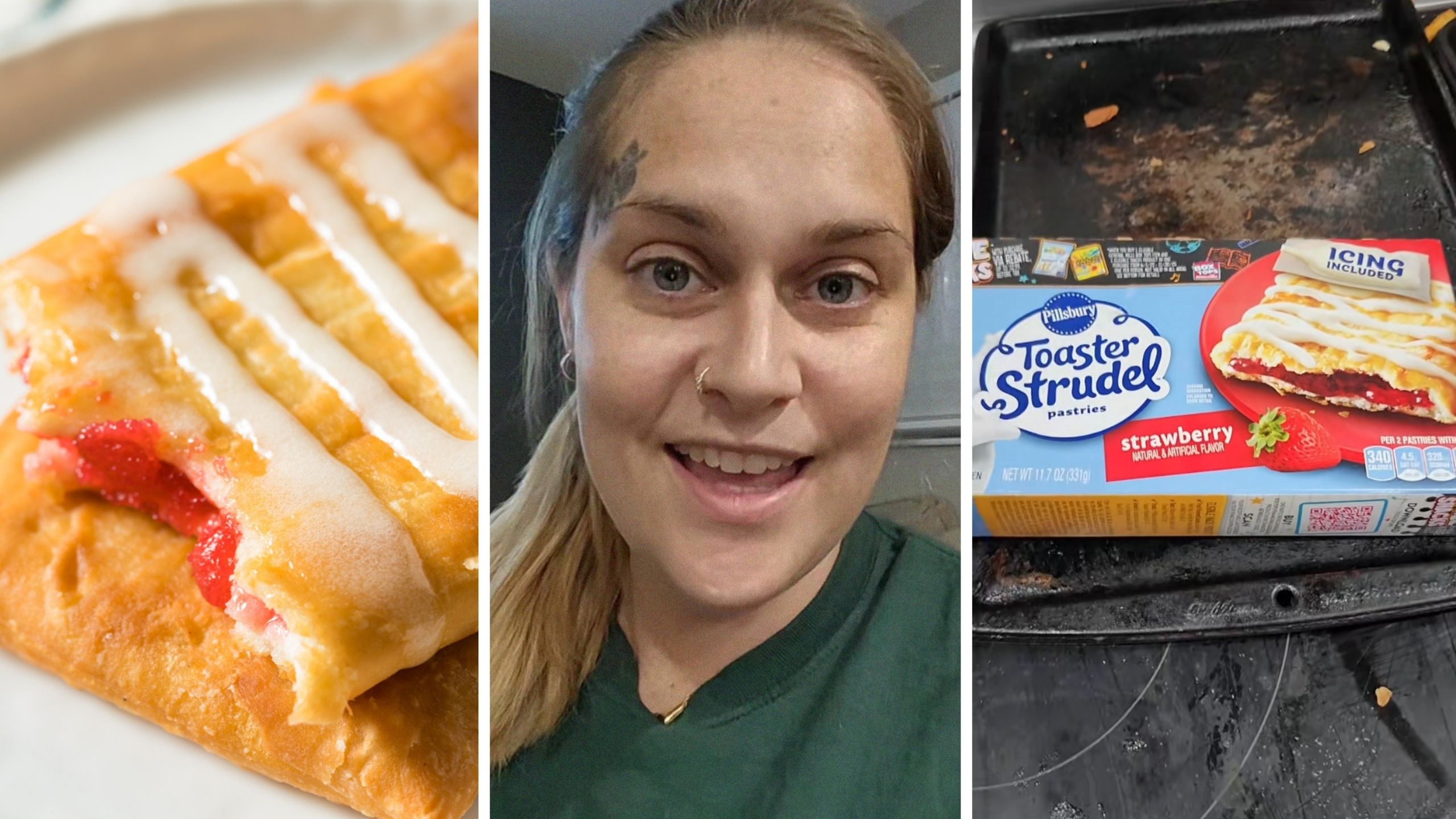 strawberry strudel (l) woman shares strudel incident (c) pillsbury toaster strudel (r)
