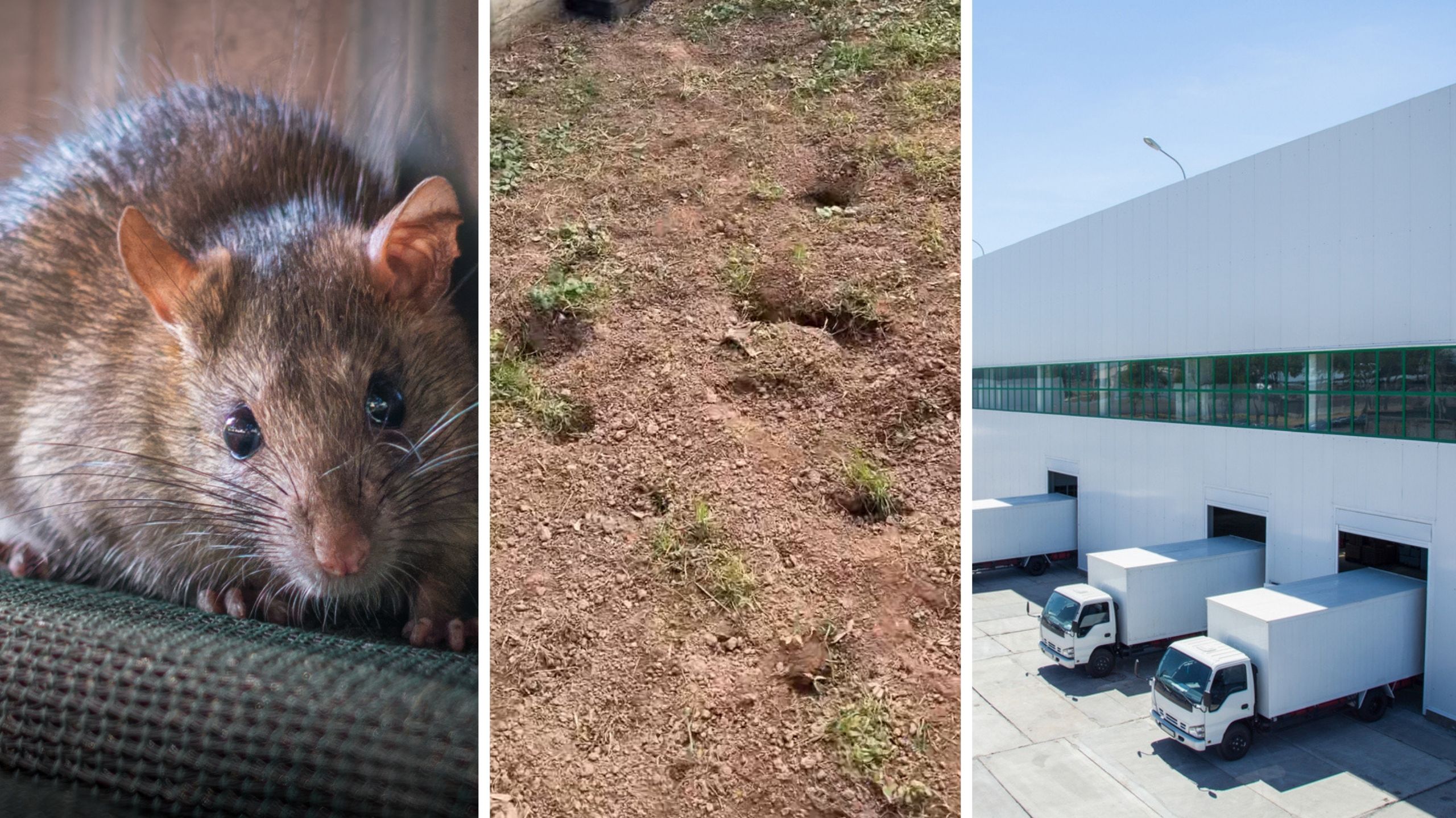 wild rat (l) damaged backyard (c) distribution building (r)