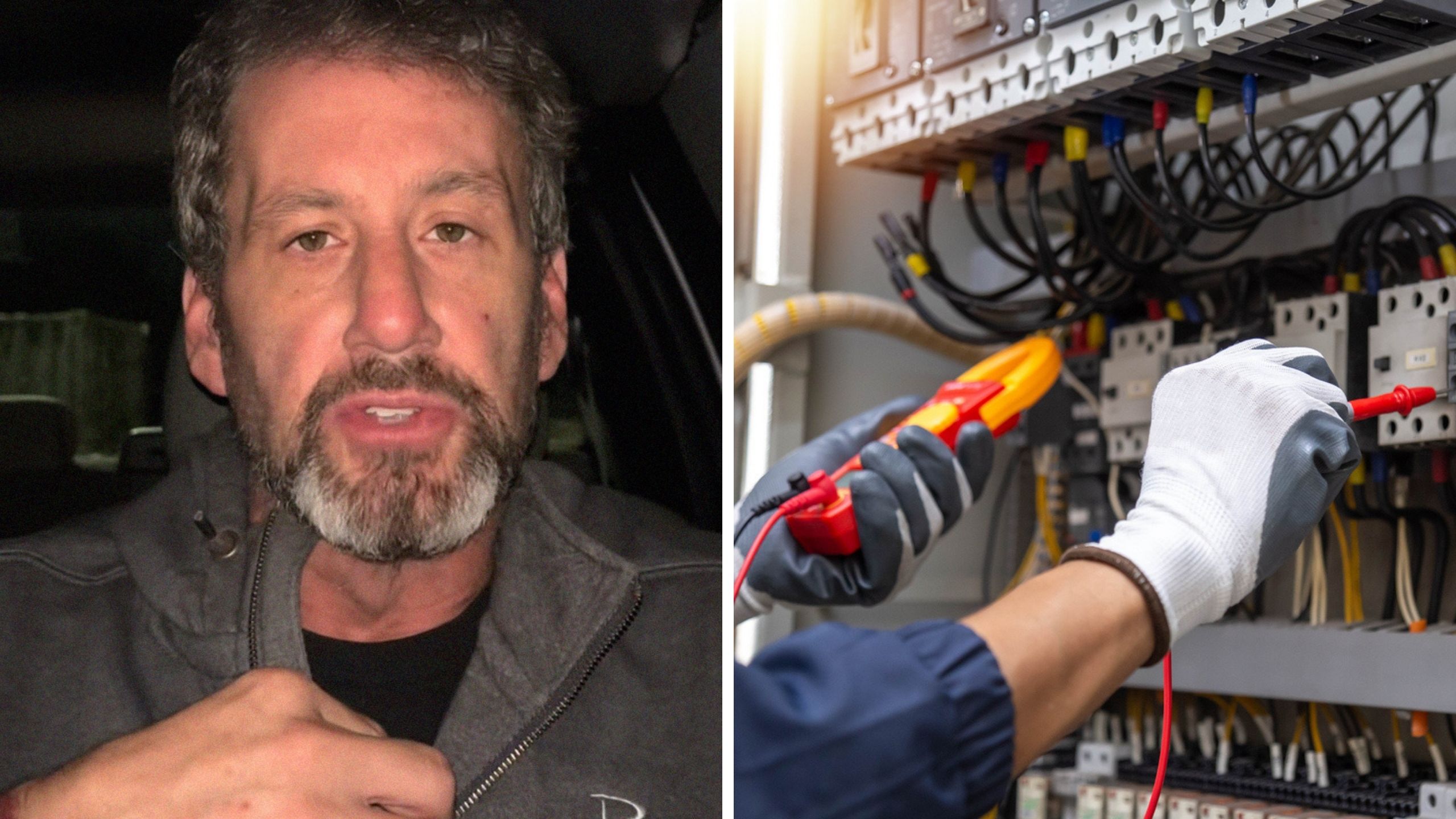 man shares electrical tips (l) electrician working (r)