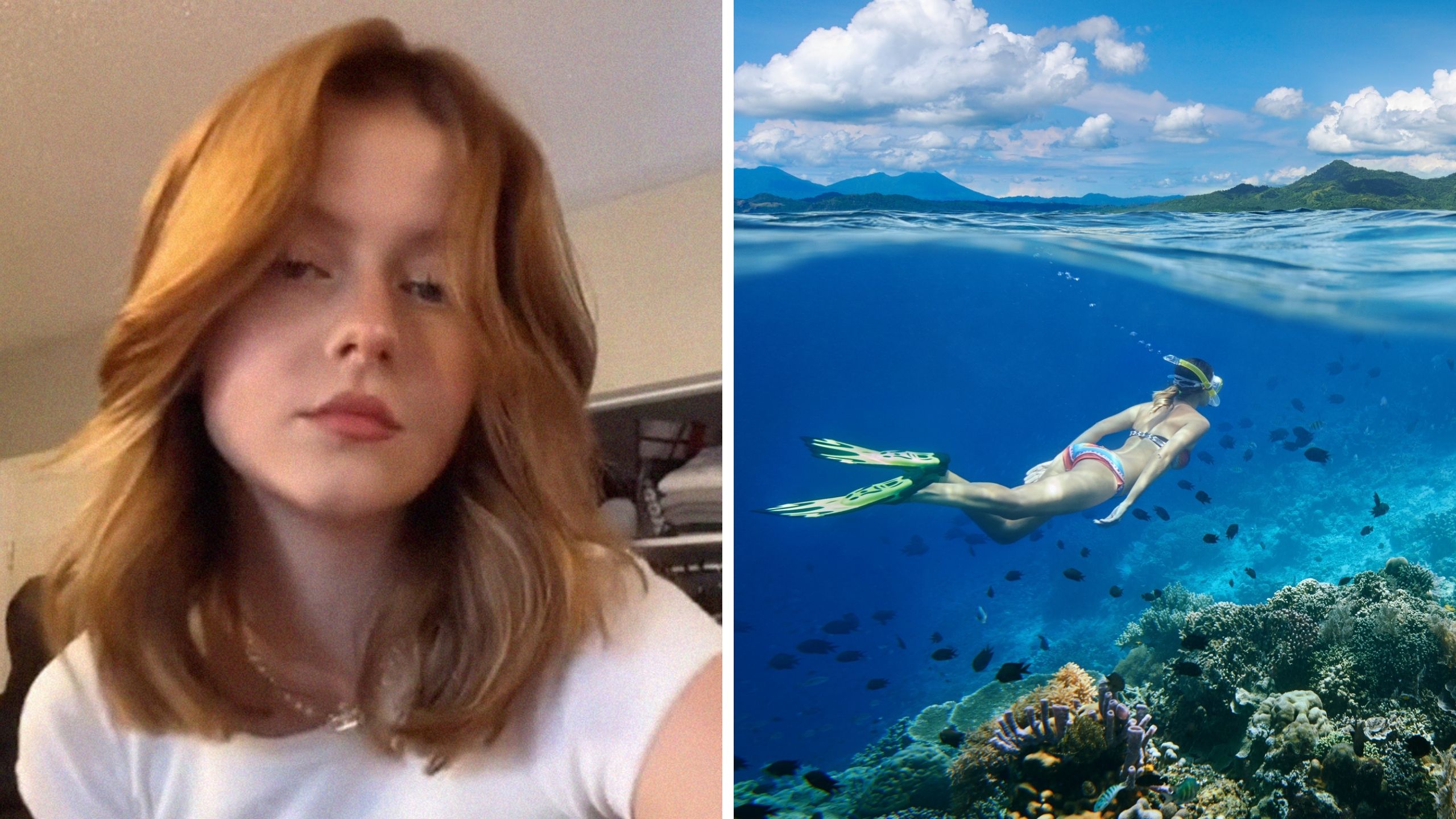 woman shares snorkeling encounter (l) woman snorkeling (r)