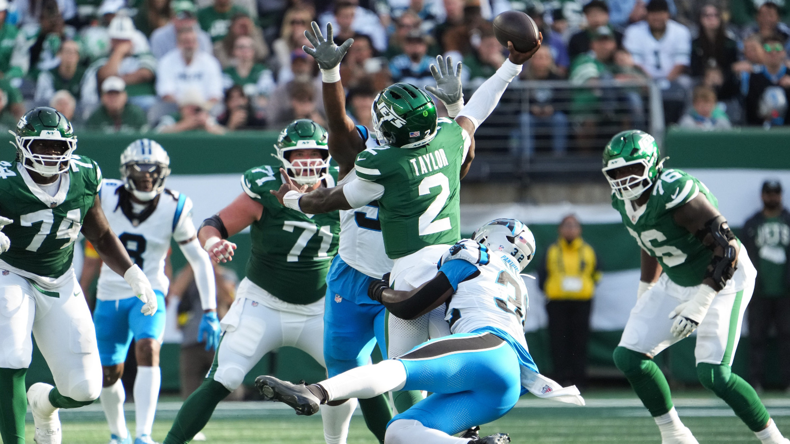 New York Jets Quarterback Tyrod Taylor being tackled