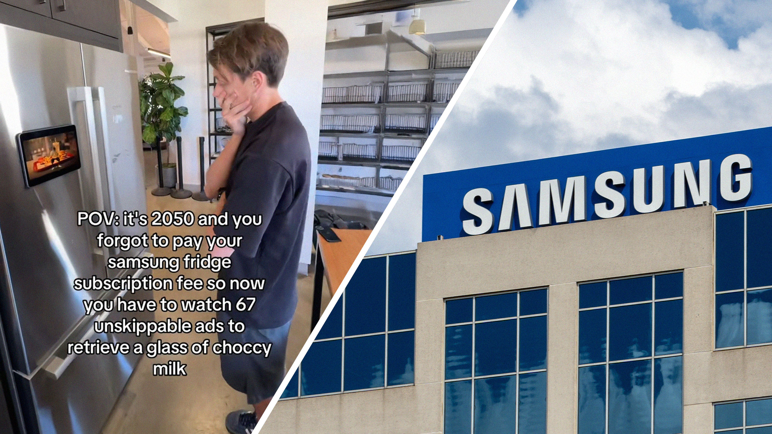 View of man watching a video from his refrigerator(l) Close up of Samsung Logo on Building(r)