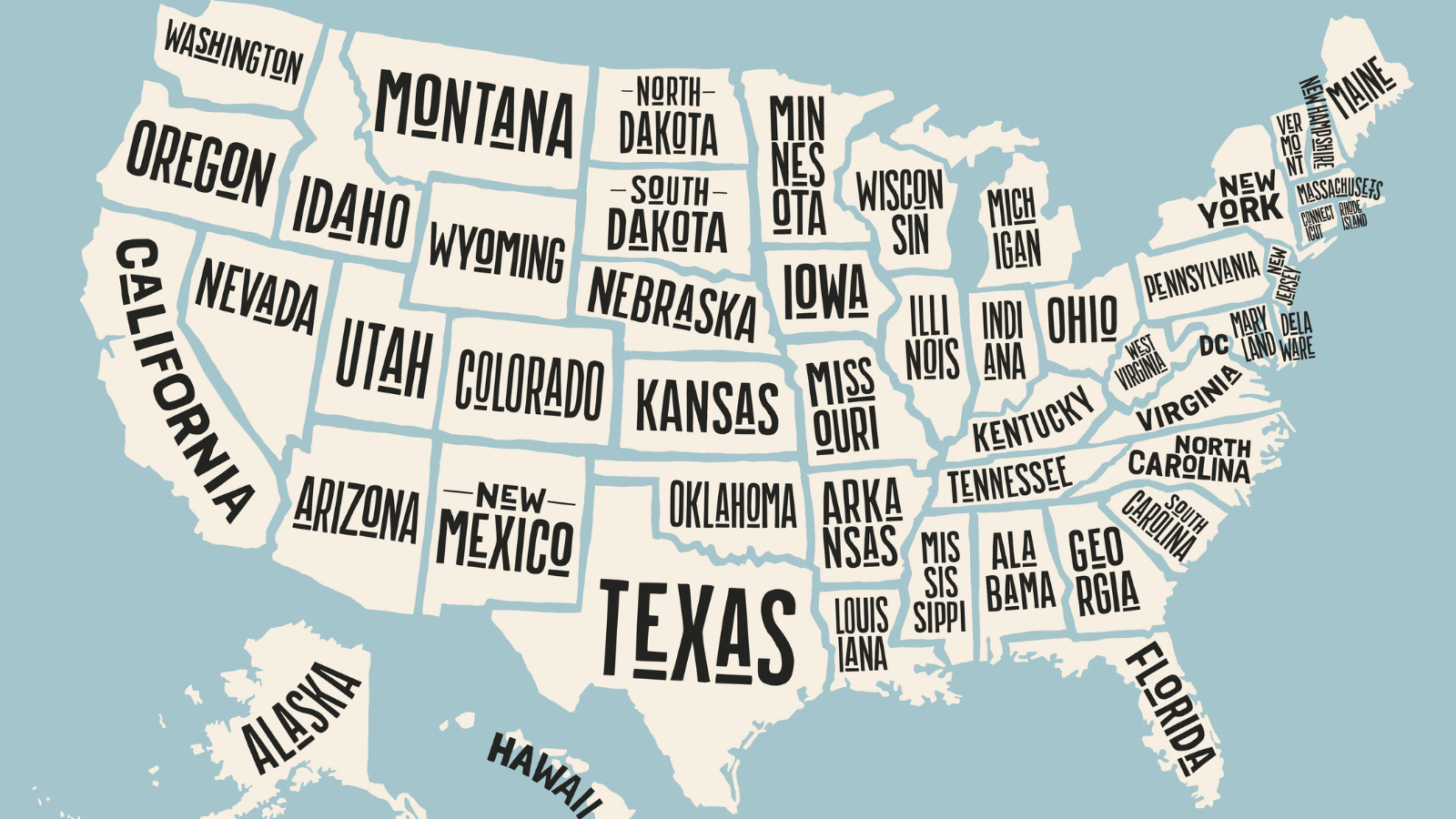 United States map with states listed