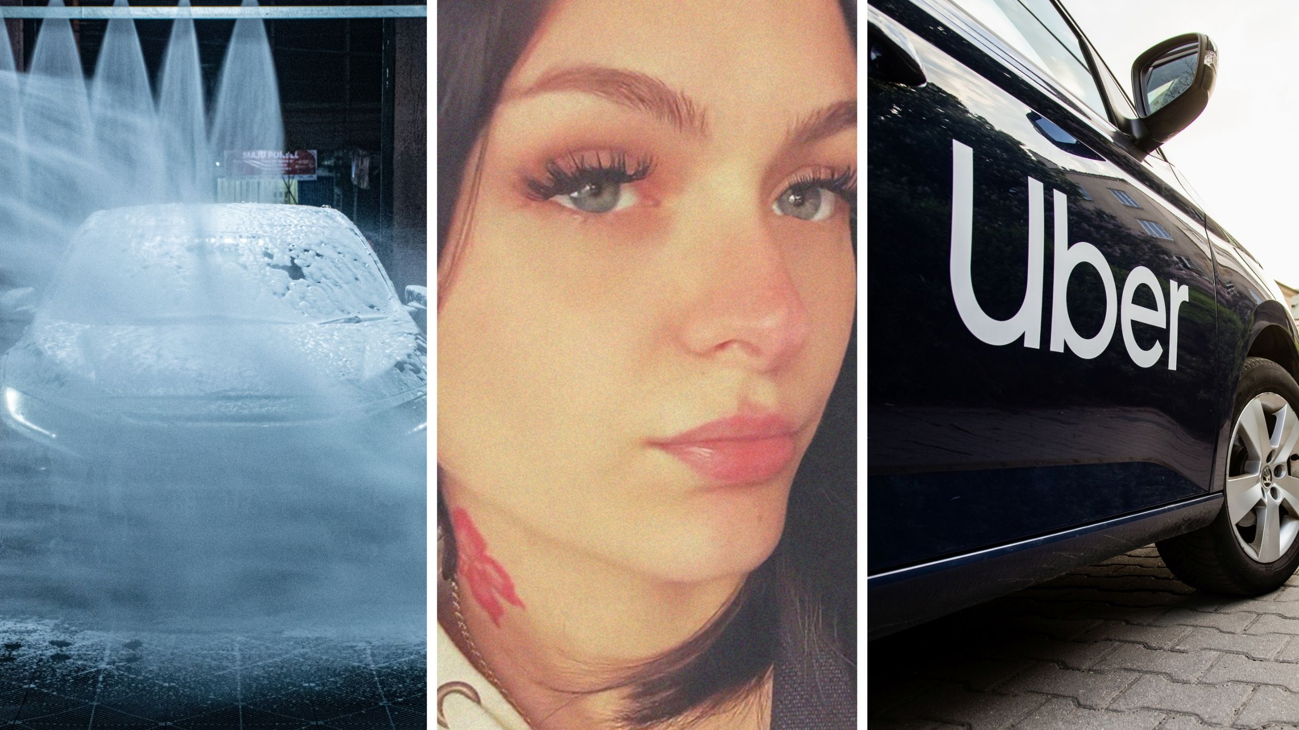 car wash (l) woman shares uber experience (c) uber logo (r)