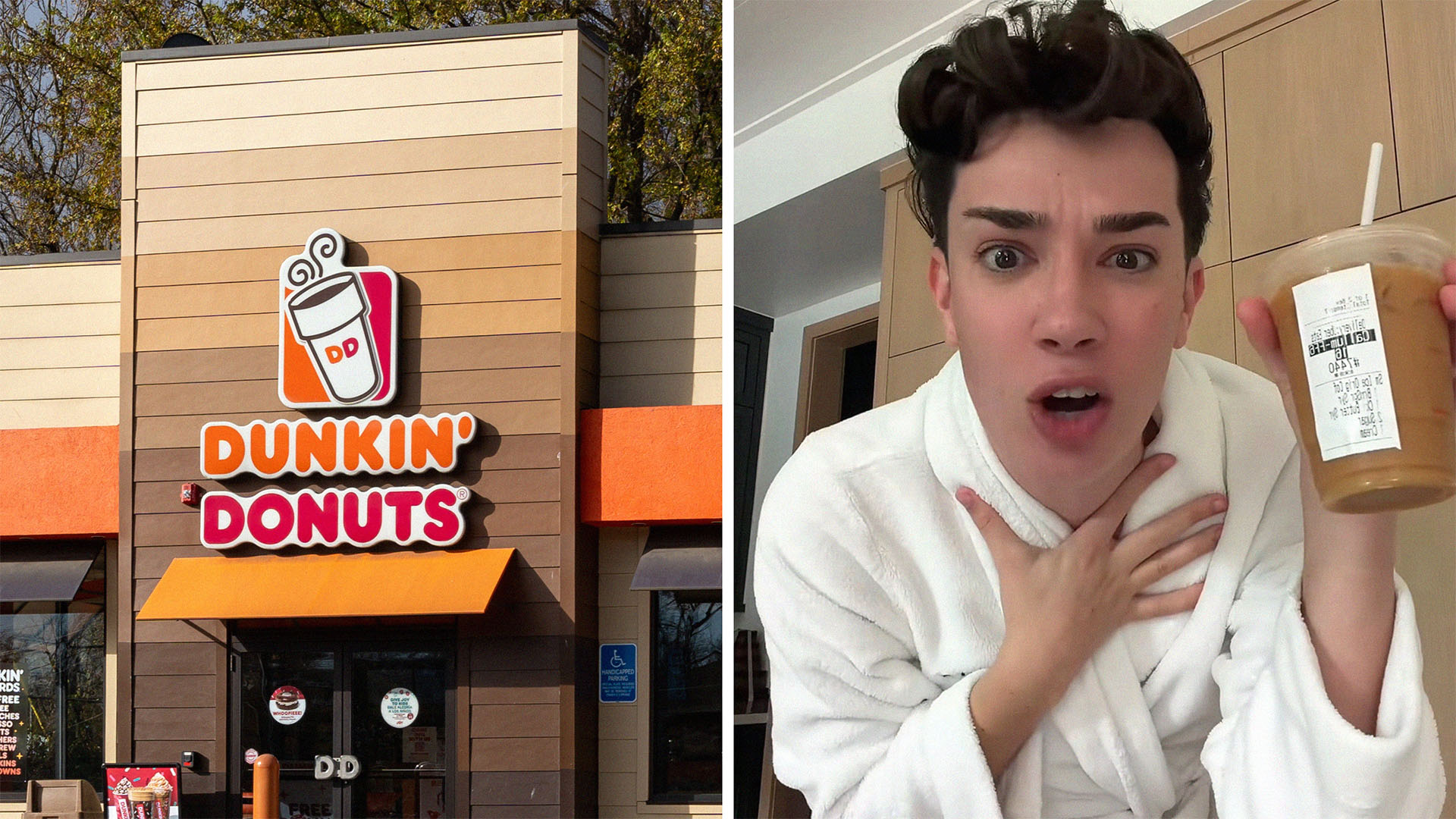 View of Dunklin Donuts Store Front(l) James Charles reaction to dunkin donuts app(r)