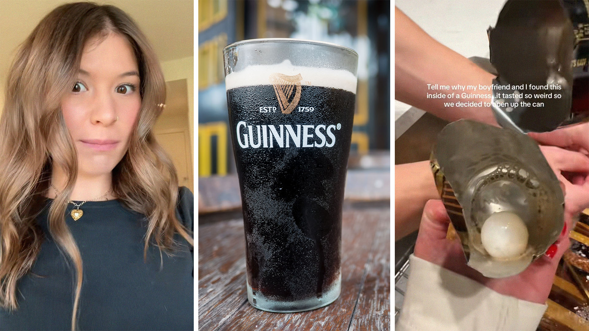 girl showing a surprised expression(l) a glass cup filled with Guinness(c) white ball inside of a Guinness can(r)