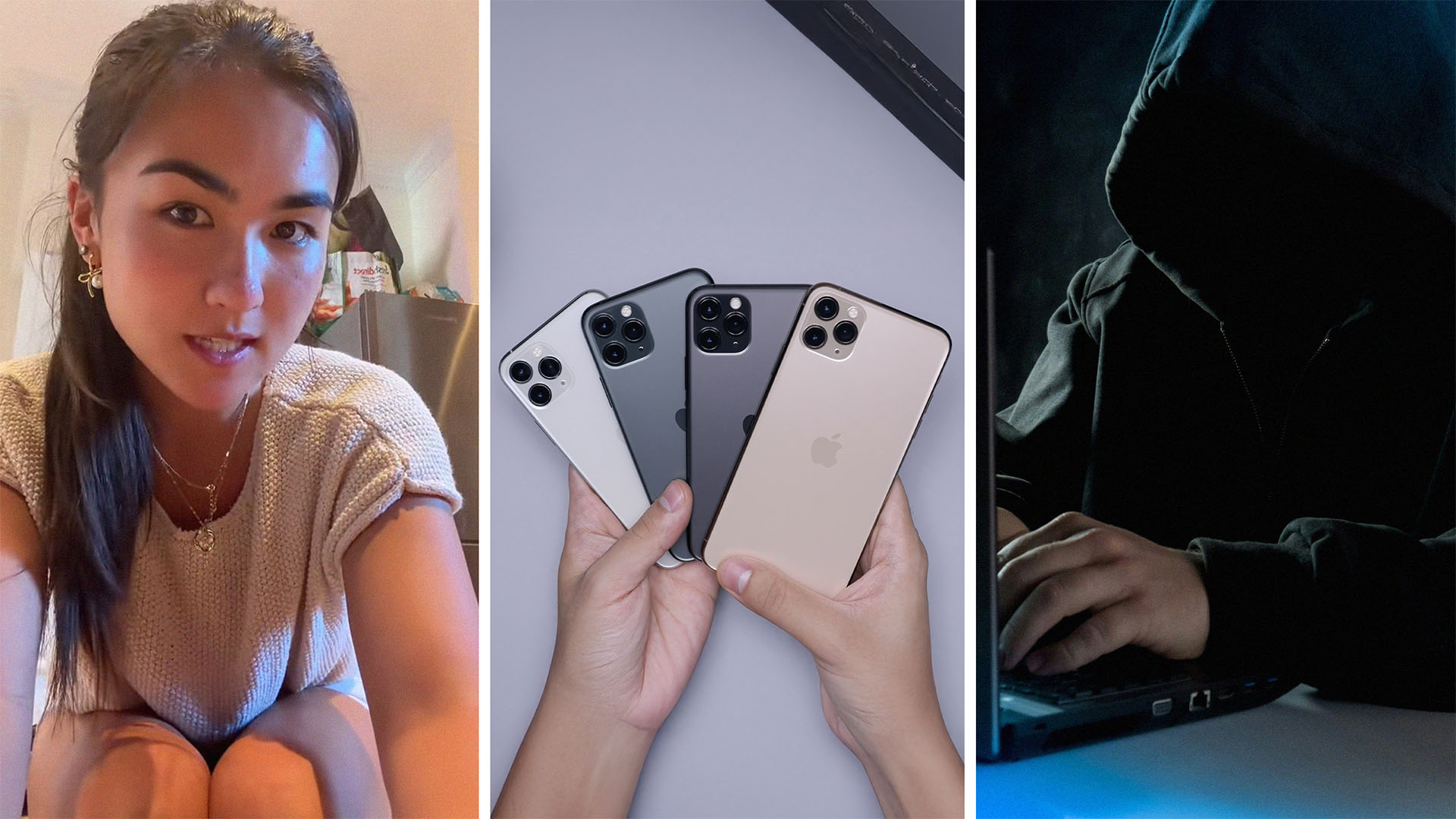 Woman explains what happened to her after her phone got stolen(l) Person holding 4 iPhone(c) Anonymous computer hacker in hoodie(r)