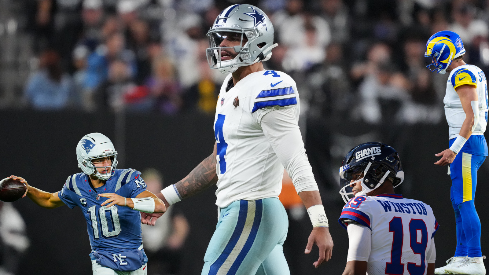 Week 11 NFL Quarterback Power Rankings feature image of Dak Prescott, Matthew Stafford, Drake Maye, and Jameis Winston