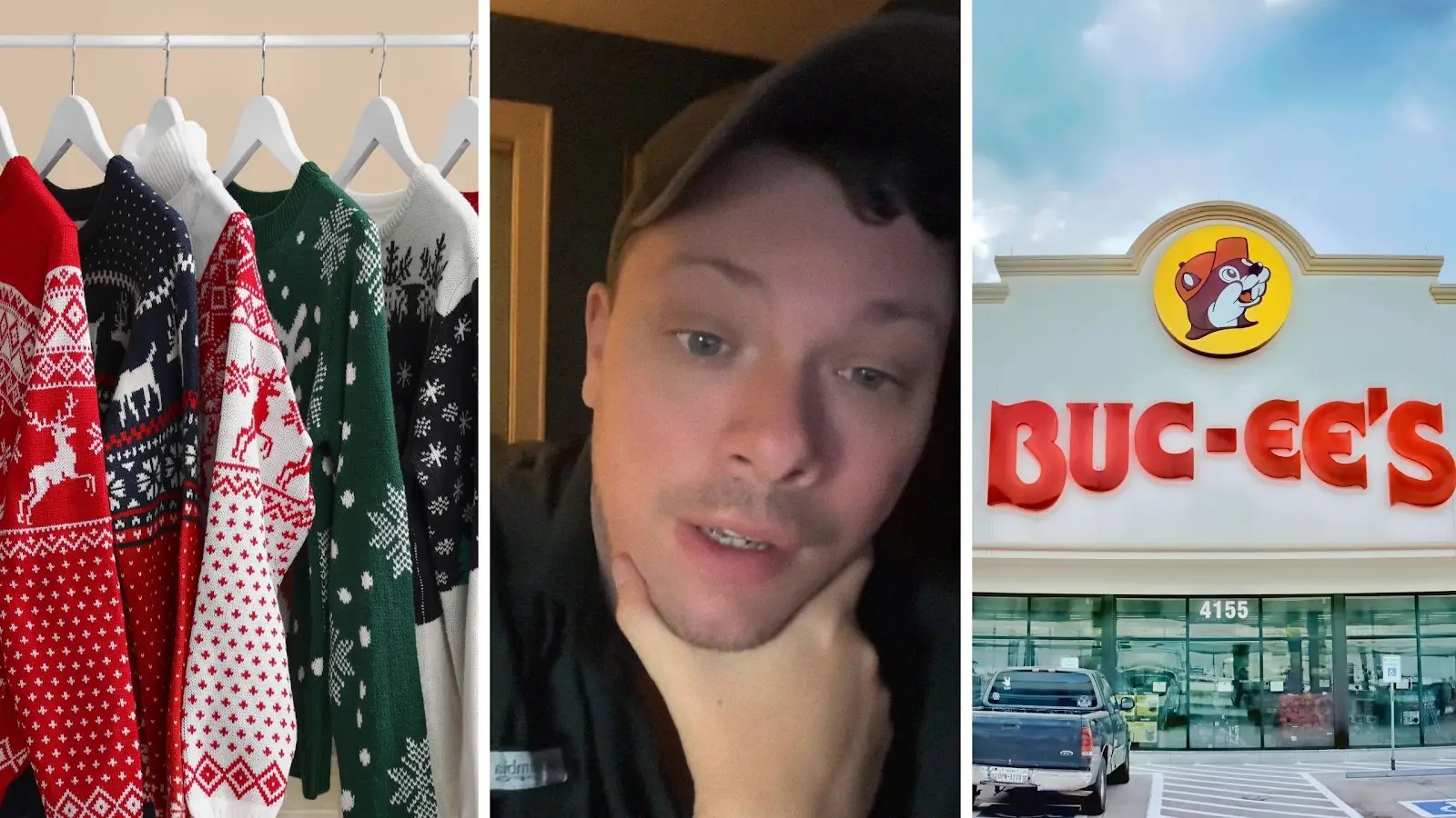 christmas clothing (l) man shares bucees return laws (c) bucees store front (r)