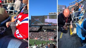 View of man watching patriots game at stadium(l) Stadium screen showing the patriots playing(c) View of man fixing stadium chair(r)