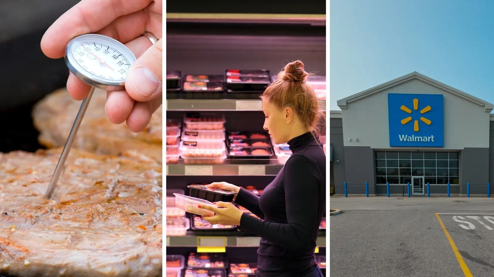 checking meat temperature (l) woman checking different meats (c) walmart store front (r)