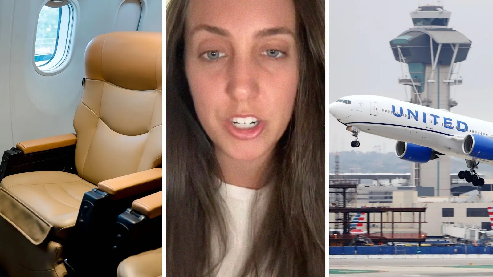 first class seats (l) woman shares united airlines experience (c) united airlines plane (r)