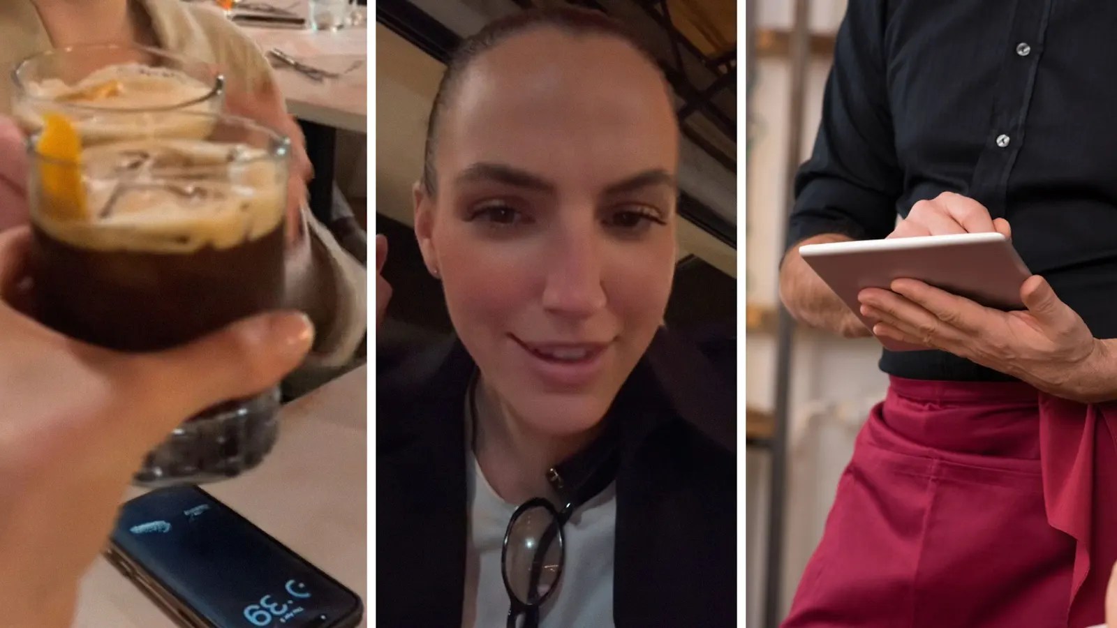 woman having drinks (l) woman shares restaurant tips (c) server taking drink orders (r)