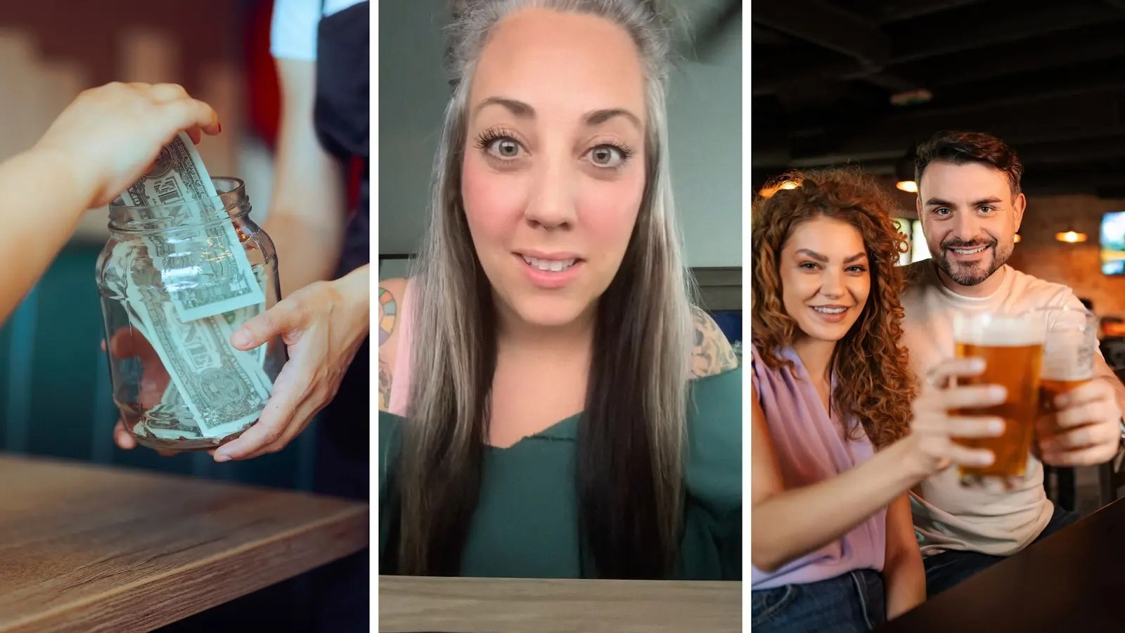 tipping jar (l) woman shares job experience (c) couple having drinks by the bar (r)